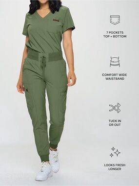 Olive Green Knit Cargo Jogger Scrub Set with Wide Comfort Waistband